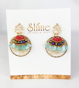 teal and pink round earrings