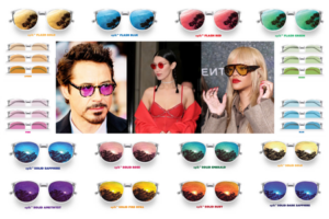 grid of different gsrx tinted prescription sunglasses with three images of celebrities wearing them