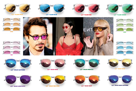 grid of different gsrx tinted prescription sunglasses with three images of celebrities wearing them